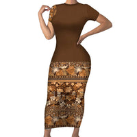 Hawaiian Tribal Elements Hibiscus Family Matching Short Sleeve Bodycon Dress and Hawaiian Shirt Gold Pattern - Polynesian Pride
