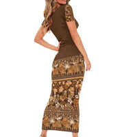Hawaiian Tribal Elements Hibiscus Family Matching Short Sleeve Bodycon Dress and Hawaiian Shirt Gold Pattern - Polynesian Pride