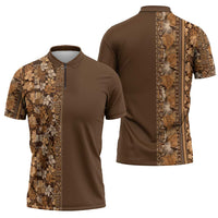 Hawaiian Tribal Elements Hibiscus Zipper Polo Shirt Gold Pattern LT9 - Polynesian Pride