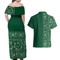 Hawaiian Tribal Elements Hibiscus Couples Matching Off Shoulder Maxi Dress and Hawaiian Shirt Green Pattern - Polynesian Pride