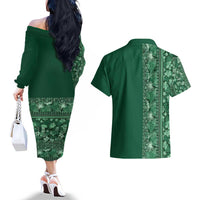 Hawaiian Tribal Elements Hibiscus Couples Matching Off The Shoulder Long Sleeve Dress and Hawaiian Shirt Green Pattern - Polynesian Pride