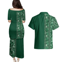 Hawaiian Tribal Elements Hibiscus Couples Matching Puletasi and Hawaiian Shirt Green Pattern - Polynesian Pride