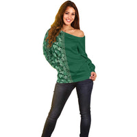 Hawaiian Tribal Elements Hibiscus Off Shoulder Sweater Green Pattern - Polynesian Pride