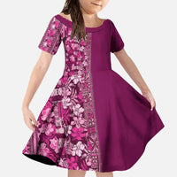 Hawaiian Tribal Elements Hibiscus Family Matching Long Sleeve Bodycon Dress and Hawaiian Shirt Pink Pattern LT9 Daughter's Dress Pink - Polynesian Pride