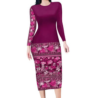 Hawaiian Tribal Elements Hibiscus Family Matching Long Sleeve Bodycon Dress and Hawaiian Shirt Pink Pattern LT9 Mom's Dress Pink - Polynesian Pride