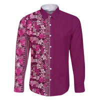 Hawaiian Tribal Elements Hibiscus Family Matching Off Shoulder Short Dress and Hawaiian Shirt Pink Pattern LT9 Dad's Shirt - Long Sleeve Pink - Polynesian Pride