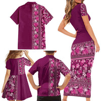 Hawaiian Tribal Elements Hibiscus Family Matching Short Sleeve Bodycon Dress and Hawaiian Shirt Pink Pattern - Polynesian Pride
