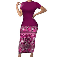 Hawaiian Tribal Elements Hibiscus Family Matching Short Sleeve Bodycon Dress and Hawaiian Shirt Pink Pattern - Polynesian Pride