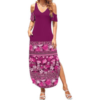 Hawaiian Tribal Elements Hibiscus Family Matching Summer Maxi Dress and Hawaiian Shirt Pink Pattern - Polynesian Pride