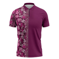 Hawaiian Tribal Elements Hibiscus Zipper Polo Shirt Pink Pattern LT9 Pink - Polynesian Pride