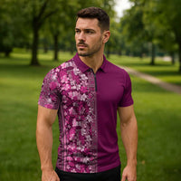 Hawaiian Tribal Elements Hibiscus Zipper Polo Shirt Pink Pattern LT9 - Polynesian Pride