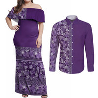 Hawaiian Tribal Elements Hibiscus Couples Matching Off Shoulder Maxi Dress and Long Sleeve Button Shirt Purple Pattern - Polynesian Pride
