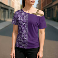 Hawaiian Tribal Elements Hibiscus Cross Shoulder Shirt Purple Pattern LT9 - Polynesian Pride