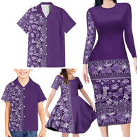 Hawaiian Tribal Elements Hibiscus Family Matching Long Sleeve Bodycon Dress and Hawaiian Shirt Purple Pattern - Polynesian Pride
