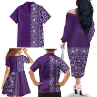 Hawaiian Tribal Elements Hibiscus Family Matching Off The Shoulder Long Sleeve Dress and Hawaiian Shirt Purple Pattern - Polynesian Pride