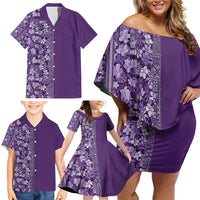 Hawaiian Tribal Elements Hibiscus Family Matching Off Shoulder Short Dress and Hawaiian Shirt Purple Pattern - Polynesian Pride
