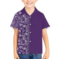 Hawaiian Tribal Elements Hibiscus Family Matching Off Shoulder Short Dress and Hawaiian Shirt Purple Pattern - Polynesian Pride