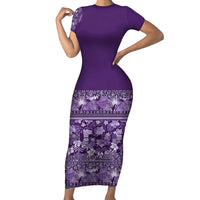 Hawaiian Tribal Elements Hibiscus Family Matching Short Sleeve Bodycon Dress and Hawaiian Shirt Purple Pattern - Polynesian Pride