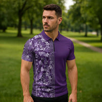 Hawaiian Tribal Elements Hibiscus Zipper Polo Shirt Purple Pattern LT9 - Polynesian Pride