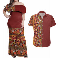 Hawaiian Tribal Elements Hibiscus Couples Matching Off Shoulder Maxi Dress and Hawaiian Shirt Red Pattern - Polynesian Pride