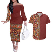 Hawaiian Tribal Elements Hibiscus Couples Matching Off The Shoulder Long Sleeve Dress and Hawaiian Shirt Red Pattern - Polynesian Pride
