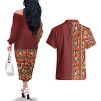 Hawaiian Tribal Elements Hibiscus Couples Matching Off The Shoulder Long Sleeve Dress and Hawaiian Shirt Red Pattern - Polynesian Pride