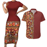 Hawaiian Tribal Elements Hibiscus Couples Matching Short Sleeve Bodycon Dress and Hawaiian Shirt Red Pattern - Polynesian Pride