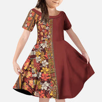 Hawaiian Tribal Elements Hibiscus Family Matching Short Sleeve Bodycon Dress and Hawaiian Shirt Red Pattern LT9 Daughter's Dress Red - Polynesian Pride