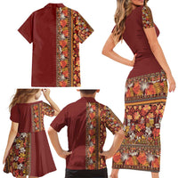 Hawaiian Tribal Elements Hibiscus Family Matching Short Sleeve Bodycon Dress and Hawaiian Shirt Red Pattern LT9 - Polynesian Pride