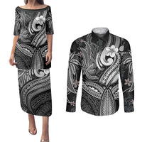 Polynesia Couples Matching Puletasi Dress and Long Sleeve Button Shirts Whale Tale and Polynesian Sunset Plumeria Black LT9 Black - Polynesian Pride