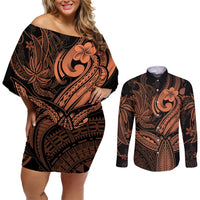 Polynesia Couples Matching Off Shoulder Short Dress and Long Sleeve Button Shirts Whale Tale and Polynesian Sunset Plumeria Gold LT9 Gold - Polynesian Pride