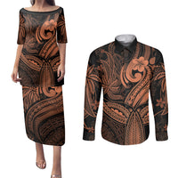 Polynesia Couples Matching Puletasi Dress and Long Sleeve Button Shirts Whale Tale and Polynesian Sunset Plumeria Gold LT9 Gold - Polynesian Pride