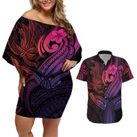 Polynesia Couples Matching Off Shoulder Short Dress and Hawaiian Shirt Whale Tale and Polynesian Sunset Plumeria Pink LT9 Pink - Polynesian Pride