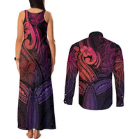 Polynesia Couples Matching Tank Maxi Dress and Long Sleeve Button Shirts Whale Tale and Polynesian Sunset Plumeria Pink LT9 - Polynesian Pride