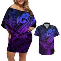 Polynesia Couples Matching Off Shoulder Short Dress and Hawaiian Shirt Whale Tale and Polynesian Sunset Plumeria Purple LT9 Purple - Polynesian Pride