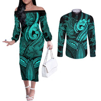 Polynesia Couples Matching Off The Shoulder Long Sleeve Dress and Long Sleeve Button Shirts Whale Tale and Polynesian Sunset Plumeria Turquoise LT9 Turquoise - Polynesian Pride
