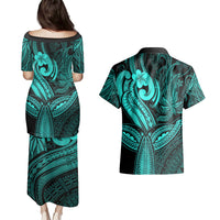 Polynesia Couples Matching Puletasi Dress and Hawaiian Shirt Whale Tale and Polynesian Sunset Plumeria Turquoise LT9 - Polynesian Pride