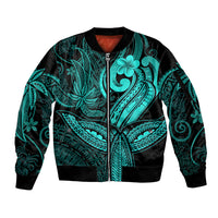 Polynesia Sleeve Zip Bomber Jacket Whale Tale and Polynesian Sunset Plumeria Turquoise LT9 Unisex Turquoise - Polynesian Pride