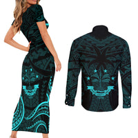 FSM Chuuk States Couples Matching Short Sleeve Bodycon Dress and Long Sleeve Button Shirts Micronesia Vintage Polynesian Tribal Aqua Version LT9 - Polynesian Pride