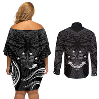 FSM Chuuk States Couples Matching Off Shoulder Short Dress and Long Sleeve Button Shirts Micronesia Vintage Polynesian Tribal Black Version LT9 - Polynesian Pride