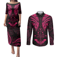 FSM Chuuk States Couples Matching Puletasi Dress and Long Sleeve Button Shirts Micronesia Vintage Polynesian Tribal Pink Version LT9 Pink - Polynesian Pride