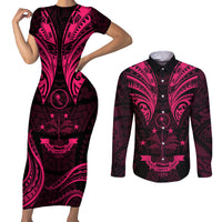 FSM Chuuk States Couples Matching Short Sleeve Bodycon Dress and Long Sleeve Button Shirts Micronesia Vintage Polynesian Tribal Pink Version LT9 Pink - Polynesian Pride