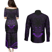 FSM Chuuk States Couples Matching Puletasi Dress and Long Sleeve Button Shirts Micronesia Vintage Polynesian Tribal Purple Version LT9 - Polynesian Pride