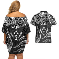 FSM Kosrae States Couples Matching Off Shoulder Short Dress and Hawaiian Shirt Micronesia Vintage Polynesian Tribal Black Version LT9 - Polynesian Pride