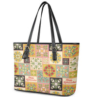 Mele Kalikimaka Hawaii Christmas Leather Tote Bag Melemele Mama Seamless Floral Motif LT9 - Polynesian Pride