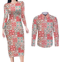 Mele Kalikimaka Hawaii Christmas Couples Matching Long Sleeve Bodycon Dress and Long Sleeve Button Shirt Ulaula Seamless Floral Motif - Polynesian Pride