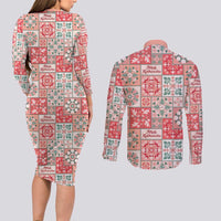 Mele Kalikimaka Hawaii Christmas Couples Matching Long Sleeve Bodycon Dress and Long Sleeve Button Shirt Ulaula Seamless Floral Motif - Polynesian Pride