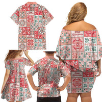Mele Kalikimaka Hawaii Christmas Family Matching Off Shoulder Short Dress and Hawaiian Shirt Ulaula Seamless Floral Motif - Polynesian Pride