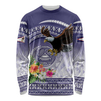 American Samoa Bald Eagle Long Sleeve Shirt Polynesian Tropical Flowers LT9 Unisex Blue - Polynesian Pride