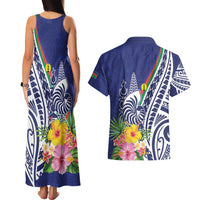 New Caledonia Kagu Bird Couples Matching Tank Maxi Dress and Hawaiian Shirt Polynesian Tropical Flowers